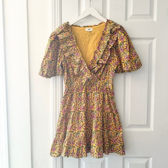 Rahi Yellow Floral Del Sole Chiara Puff Sleeve Ruffle V Neck Mini Dress Cotton S - Picture 12 of 12